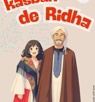 Anime illustration of a smiling man and woman in traditional Kasbah de Ridha cultural attire.