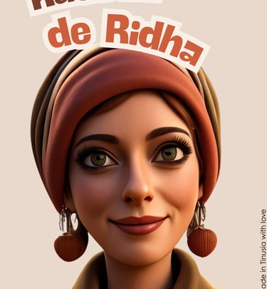 Animated portrait of a woman wearing a traditional Kasbah de Ridha headscarf and earrings.
