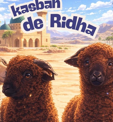 Two brown sheep standing in a desert landscape featuring a mosque and the text Kasbah de Ridha.