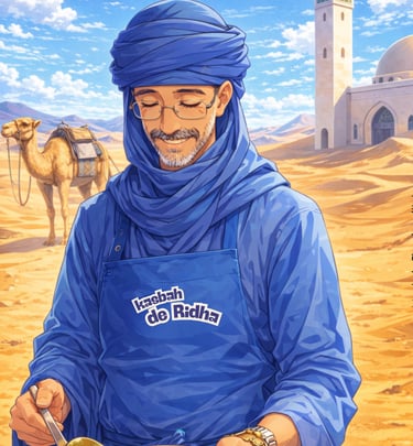 A smiling chef in a blue Tuareg turban serves couscous in a Moroccan desert near a mosque.