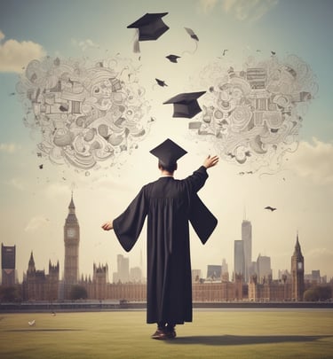A smiling student holding their acceptance letter in front of a famous UK university building