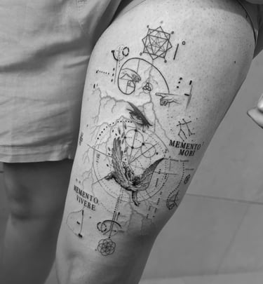 tatuagem delicada traco fino icarus olhar memento mori memento vivere a queda
