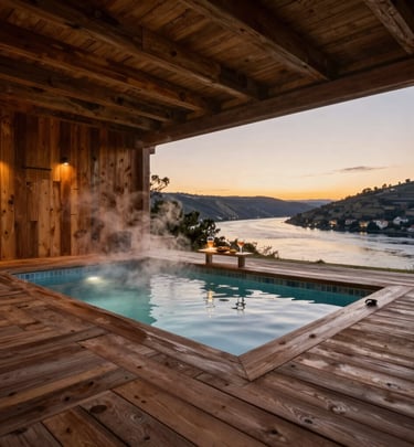Heated swimming pool at sunset with soft lighting and views of the Douro River