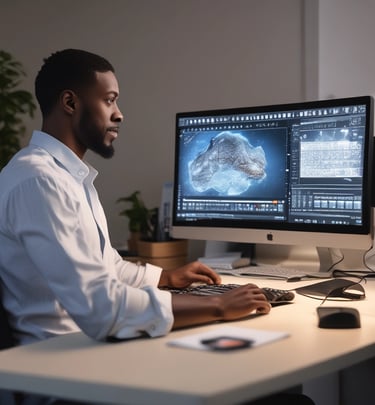 Warm lighting illuminating a workspace filled with colorful sketches, marketing plans, and artwork