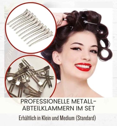 Professional metal hair clips for sectioning and styling pin curls on a brunette woman.