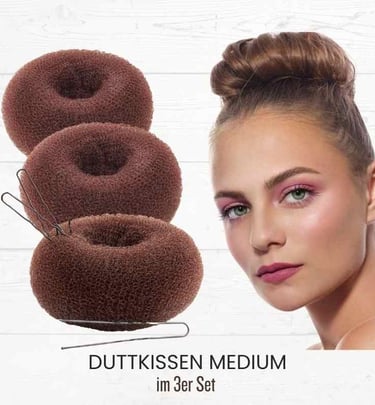 Set of three medium brown hair bun donuts and bobby pins next to a woman with a sleek updo.