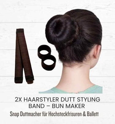A woman's dark hair styled in a perfect ballerina bun using a snap bun maker tool.
