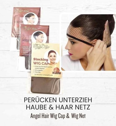 Angel Hair brown stocking wig cap and black mesh hair net for secure wig styling and hair coverage.