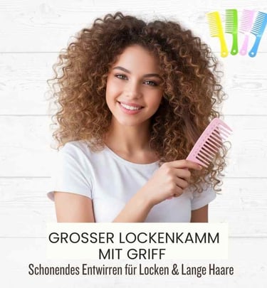 Smiling woman with long curly hair using a pink wide-tooth comb for gentle detangling.