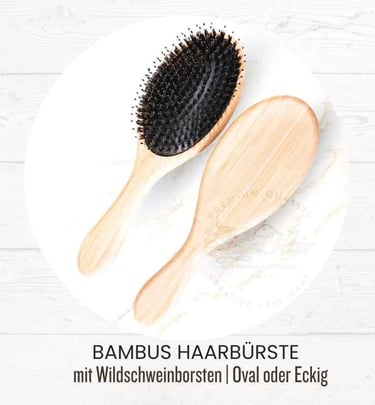 Oval and rectangular bamboo hairbrushes with natural boar bristles for hair extensions.