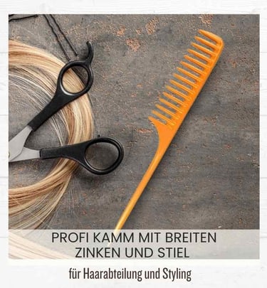 Professional orange wide-tooth tail comb with hairdressing scissors and blonde hair extension for styling.