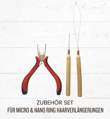 Professional tool kit for micro and nano ring hair extensions including pliers, hook, and loop needle.
