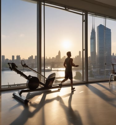 An energetic young woman rowing indoors with natural light streaming through a modern living room window