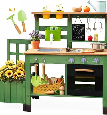 Green wooden kids outdoor mud kitchen with garden planter, toy sink, stove, and play food accessories.