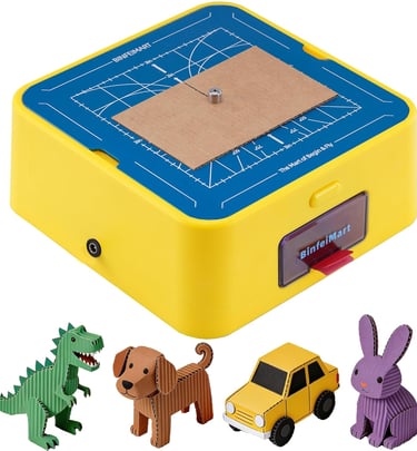 Portable electric cardboard cutter tool with 3D dinosaur, dog, car, and rabbit paper models.