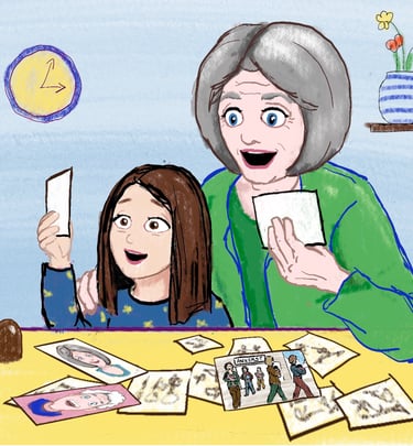 A grandmother and granddaughter smiling while looking at old family photos together.