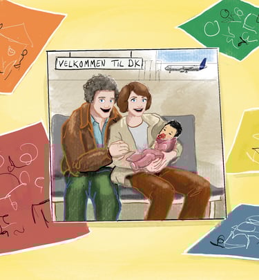 Illustration of a family at the airport holding a newborn baby with a Welcome to DK sign.