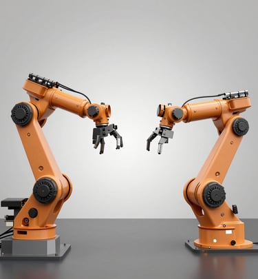 Close-up of a robotic arm assembling intricate components with precision in a bright orange-lit lab