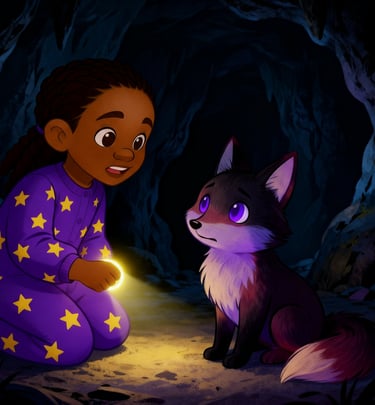 Xyla in a cave with a scared little fox