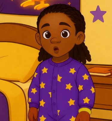 Xyla in her pajamas standing in her bedroom