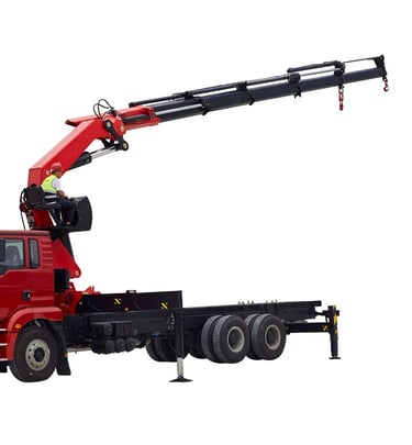 A 20 Ton Knuckle Loader Crane lifting a large truck on a white background.
