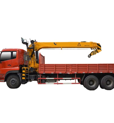  A 10 ton Telescopic Boom Truck Mounted Crane with 4 section arms on a white background.