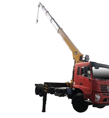 Image of a truck being lifted by a 12-ton Telescopic Boom Truck Mounted Crane with 5 section arms