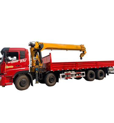 a crane truck is displayed featuring a 14-ton telescopic boom, 5 section arms, and a U-style boom.