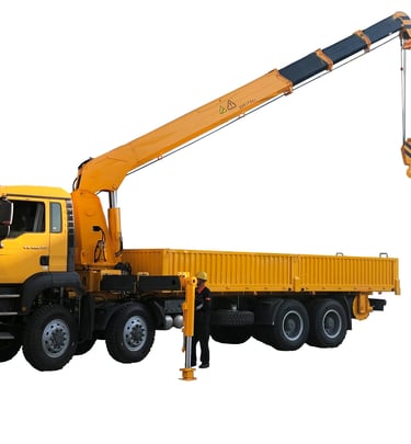 A crane hoists a 16-ton truck using a telescopic boom truck mounted crane with 5 section arms on a white background.