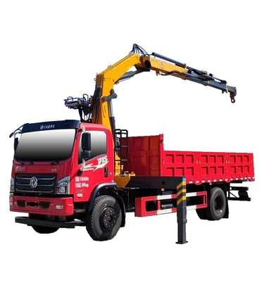 A white background showcases a 12 Ton Knuckle Loader Crane. Its standout feature is the articulating arm resembling a knuckle