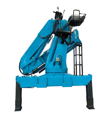 A blue hydraulic crane on a white background. 8 Ton Knuckle lorry mounted crane, designed with the latest analysis and techno