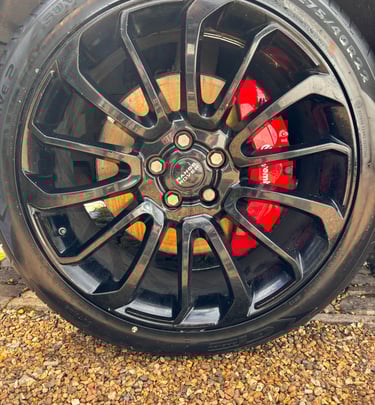 shiny car wheel and bright red calliper