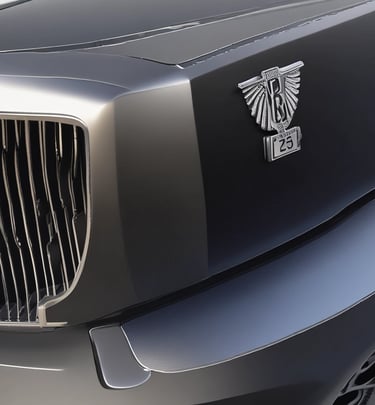 The front of a luxury car featuring a prominent grille and a small statue on the hood. A decorative white ribbon is attached to the hood, signifying that the vehicle is likely used for a wedding. The license plate reads 'QUEENS' and indicates a wedding car hire service.
