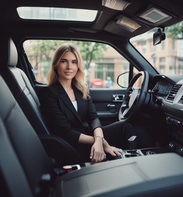 A person is sitting inside a limousine. They are wearing a bright pink top and a black skirt. The interior of the limousine features dark leather seats and wooden trim. There are drinks holders and some reflective surfaces. The person appears to be posing, with one arm resting on the back seat and the other hand on their knee.