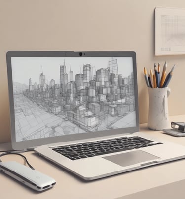 A work environment with a focus on a laptop displaying a shoe design in wireframe mode. Another laptop is positioned next to it, showing a communication app. In the foreground, a person is holding a joystick-like device. The desk includes small potted plants and computer monitors are visible in the background.