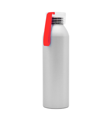 Sleek silver stainless steel reusable water bottle with a vibrant red silicone carry strap.