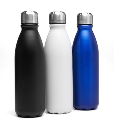Three reusable stainless steel insulated water bottles in black, white, and blue with silver caps.