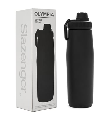 Black Slazenger Olympia 700ml reusable water bottle and its branded white packaging box.