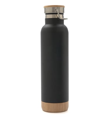 Insulated black matte water bottle with eco-friendly bamboo base and lid on white background.