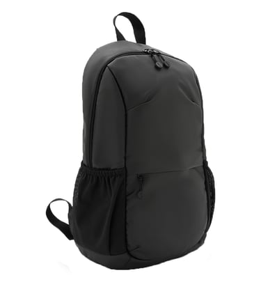 Sleek black minimalist laptop backpack with mesh side pockets and adjustable shoulder straps.