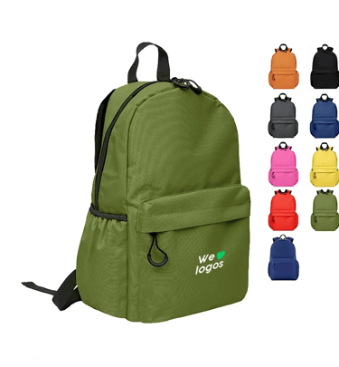 Durable olive green custom logo backpack shown with multiple color options for school or travel.