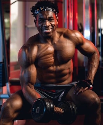 Smiling muscular bodybuilder performing bicep curls with a heavy dumbbell in a gym setting.