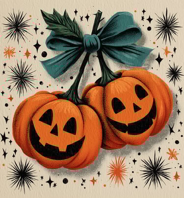 Two smiling jack-o'-lanterns with a green ribbon surround by black and orange stars create a festive