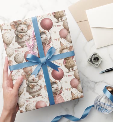 a gift wrapped in mouse-patterned paper with blue ribbon. Surrounding are blank cards, ink bottle,