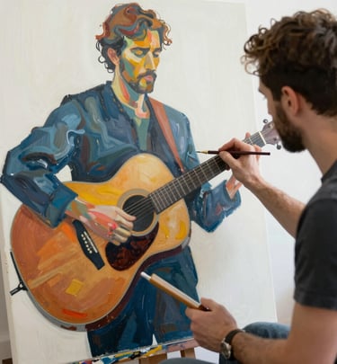 A group of people are observing a large, classical painting in a gallery setting. The painting depicts a historical or regal scene with numerous figures in elaborate clothing. The observers are silhouetted against the brightly lit artwork.