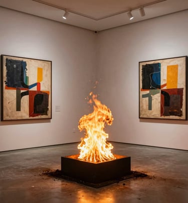 A collection of vibrant and colorful paintings displayed on a makeshift wall. The artworks feature a variety of subjects, including vintage cars, urban street scenes, and portraits. Some pieces use bold colors while others are in monochrome. The setting appears to be an art studio or gallery space with a high ceiling and industrial elements.