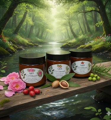 S&B El Artesanal natural skincare jars on a wooden bridge by a forest river with roses and herbs.