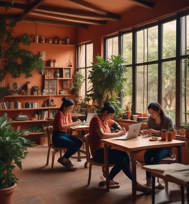 A vibrant mural inspired by Oaxaca's culture in a modern office setting.