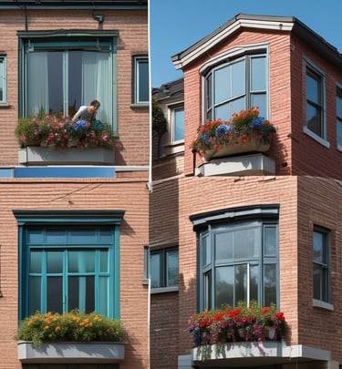 Two workers in protective gear are cleaning the large glass windows of a modern building. They are suspended mid-air by ropes and harnesses, equipped with cleaning tools.