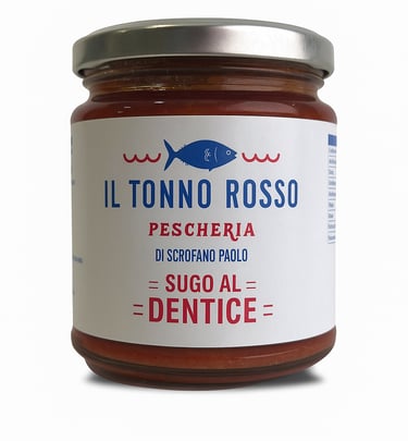 Barattolo di sugo al dentice del marchio Il Tonno Rosso Pescheria di Scrofano Paolo